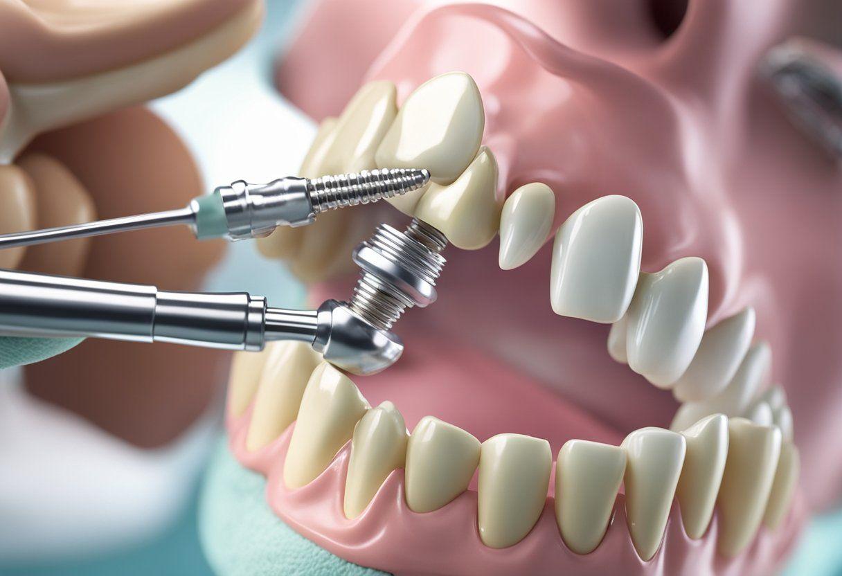 A dental implant being carefully placed into a patient's jawbone by a skilled dentist, with the surrounding tissue and bone structure clearly visible